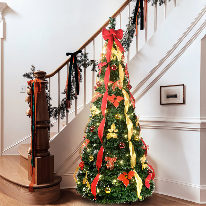 Arbre de Noël de 6 pi avec fonction escamotable, 150 lumières et éléments blanc chaud, convient aux petits espaces de bureau