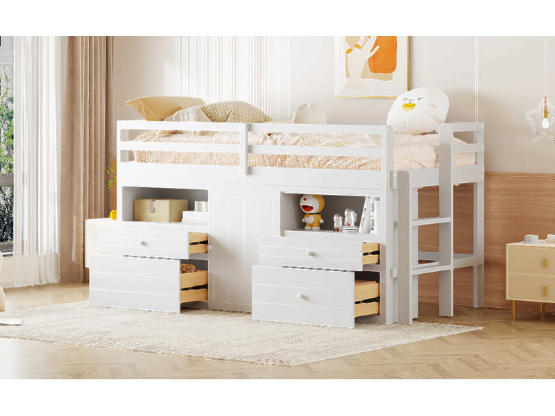 Lit mezzanine simple avec 4 tiroirs, sous l'armoire et les tablettes, Blanc