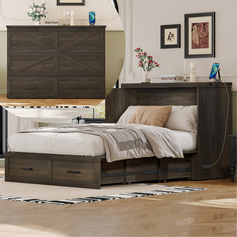Versatile Foldable Cabinet Bed With Large Storage And Charging Feature, Gray, Full / Double