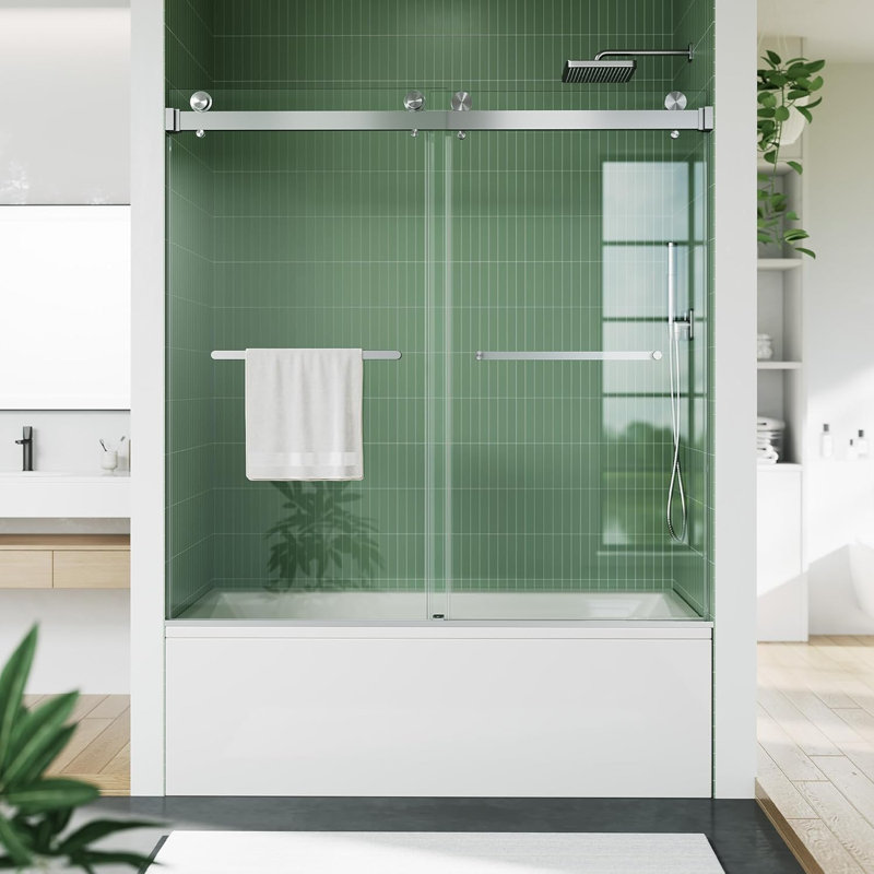 Sliding Shower Door with 6/8mm Tempered Glass Panels and Stainless Steel Square Track, Satin Nickel