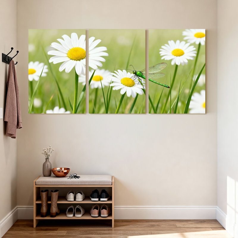 «Daisy and Dragonfly Nature Scene», ensemble de 3 reproductions d'art sur toile tendues sur toile, H 30 po x l 60 po