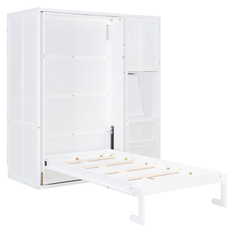 Lit escamotable mural rotatif avec bibliothèque, armoire supérieure, bureau extensible et rangement latéral, Blanc