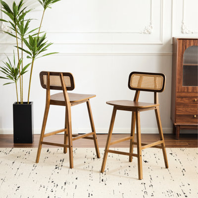 Two, Indoor, , Rich Walnut Hue, Rubberwood, Curved Solid - Wood Seat, Adorned Back, Tropical Feel Indoor Stained Rubberwood Bar Stool Of 2, Comfortable Ergonomic Woven , Ideal For And Dining