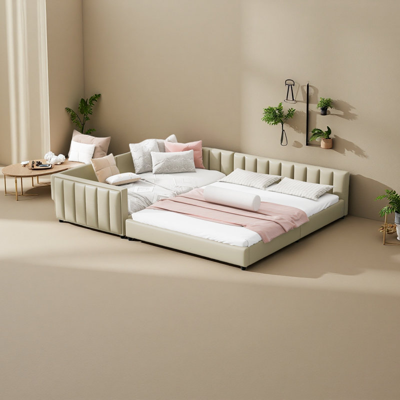 Queen Size & Twin XL Size Upholstered Platform Bed, Beige