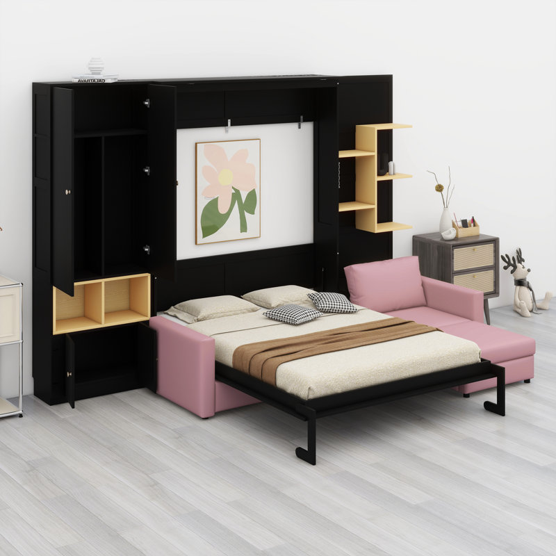 Lit escamotable mural peu encombrant avec grand canapé, tablettes de rangement et armoires, Black & Pink Sofa