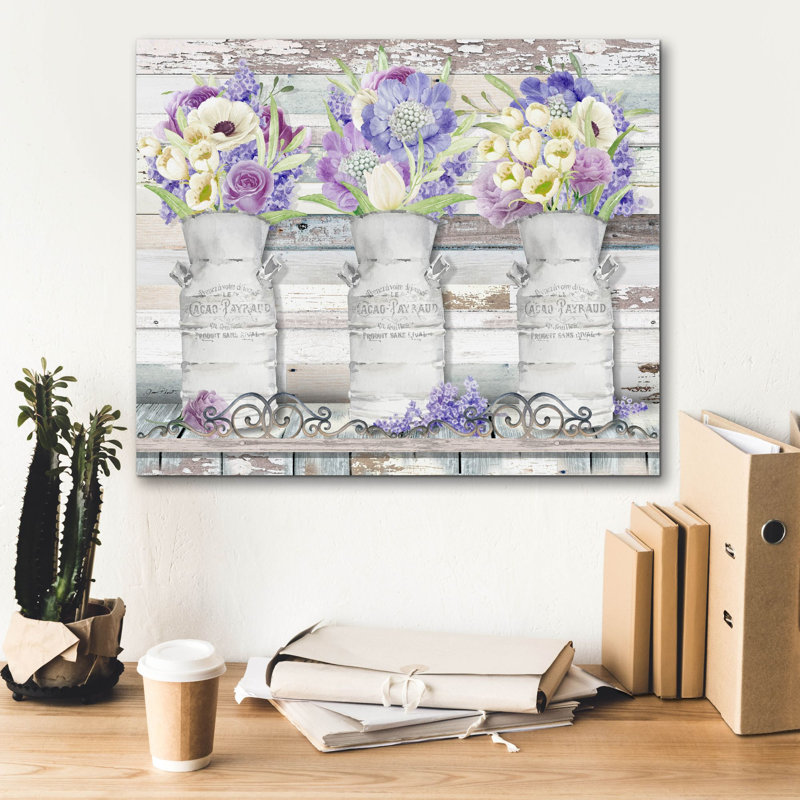  «Milk Cans With Florals A» par Jean Plout, art mural sur toile, 24 po x 20 po
