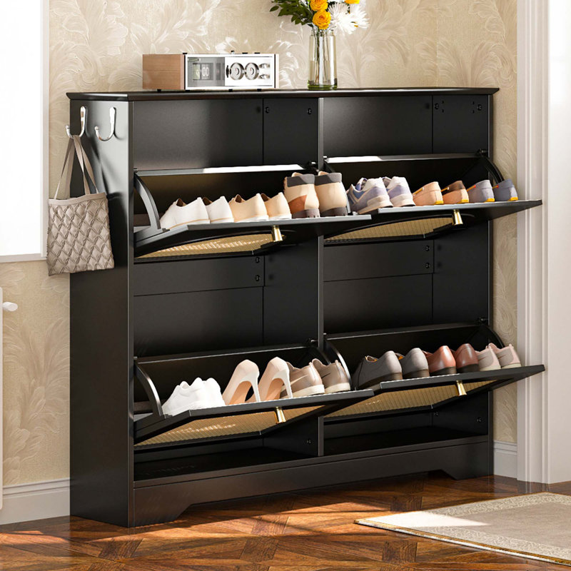 Mid - Century Style Freestanding Shoe Cabinet with Four Flip Drawers, Featuring Hooks for Enhanced Functionality, Black