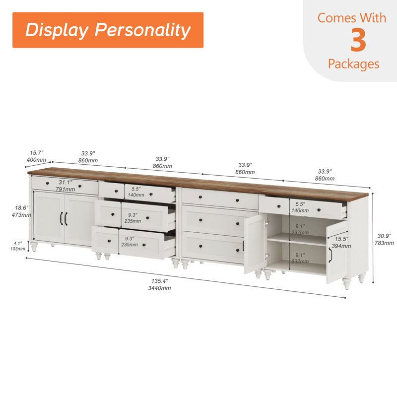 Corretta Sideboard Cabinet With 8 Drawers And 4 Doors, Vintage Wood Grain Design, Buffet Cabinet With Storage, Coffee Bar For Dinning Room, Kitchen,And Living Room