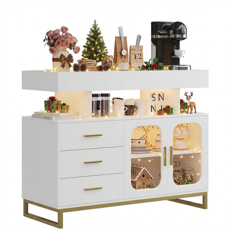 Modern Sideboard Buffet Cabinet with Auto-Sensor RGB LED Lights & Built-in Charging Station, Coffee Bar Table with Storage, 3 Drawers & 2 Doors for Dining Room, Kitchen, Living Room