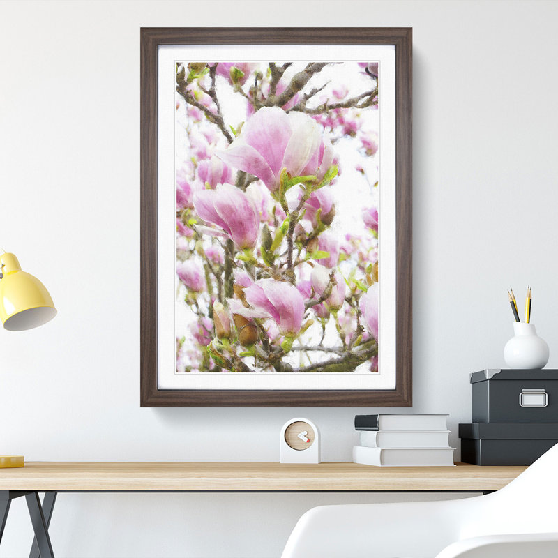 Pink Magnolia Blossom Flowers - Framed Print, 36cm H x 27cm W x 2cm D, Walnut Framed