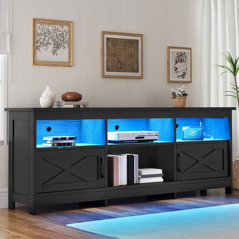  Farmhouse TV Stand For 65 Inch TV, LED Light Entertainment Center With Storage Cabinets, Open Shelves, 24-Color Light Strip