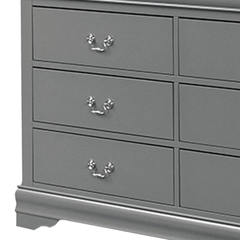Grande commode Ryla, 6 tiroirs, poignées en métal nickelé, bois massif, Gris