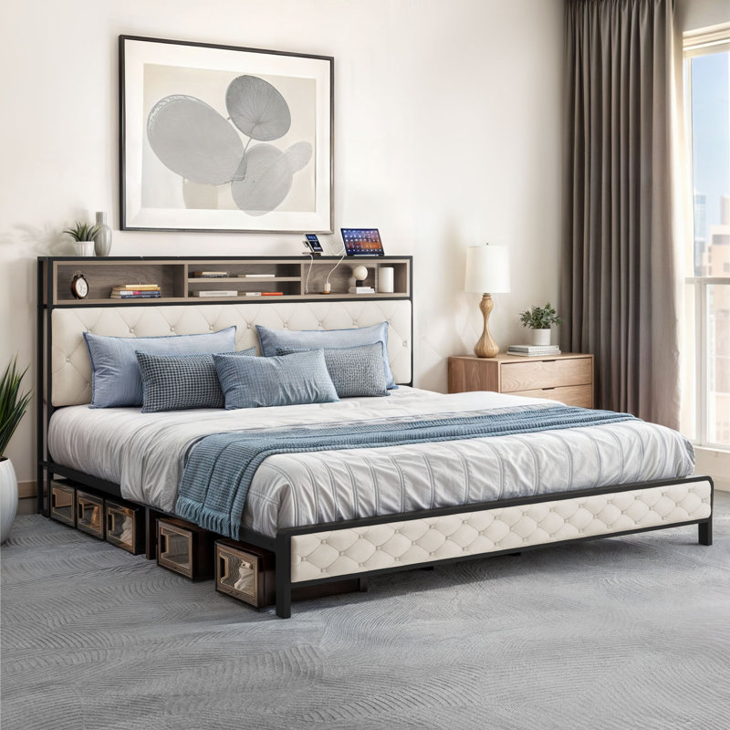 Upholstered Storage Bed, Queen, White
