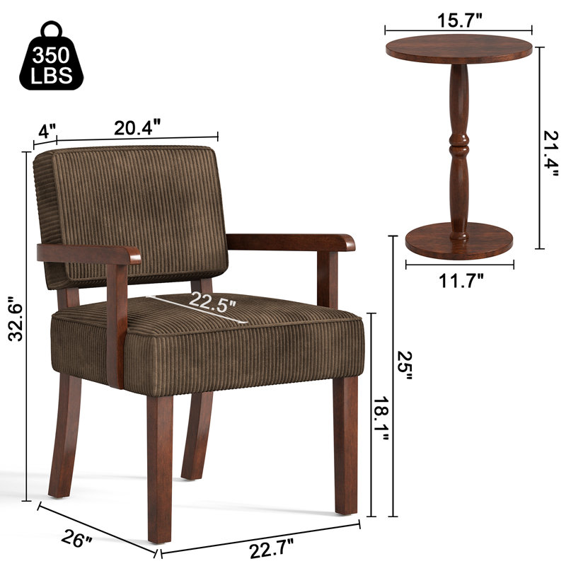Soave 32.6'' Tall Velvet Accent Chairs Sets for Living Room, Accent Armchair with End Table, Brown