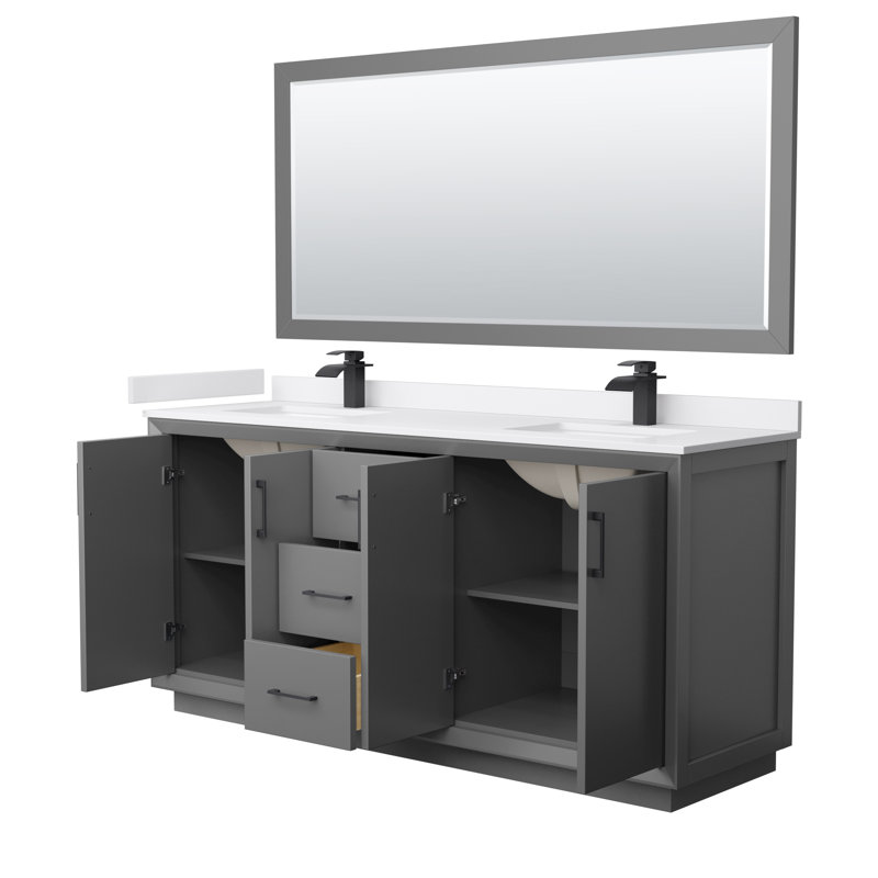 Ensemble de meuble-lavabo double 72 "avec miroir Strada, Gris foncé, Noir mat, Marbre de culture blanc
