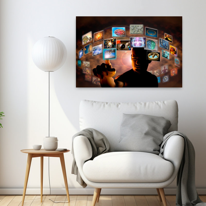 «Man Pointing To Screen Squares From intérieur d'un cercle», art contemporain abstrait, H 24 po x l 36 po
