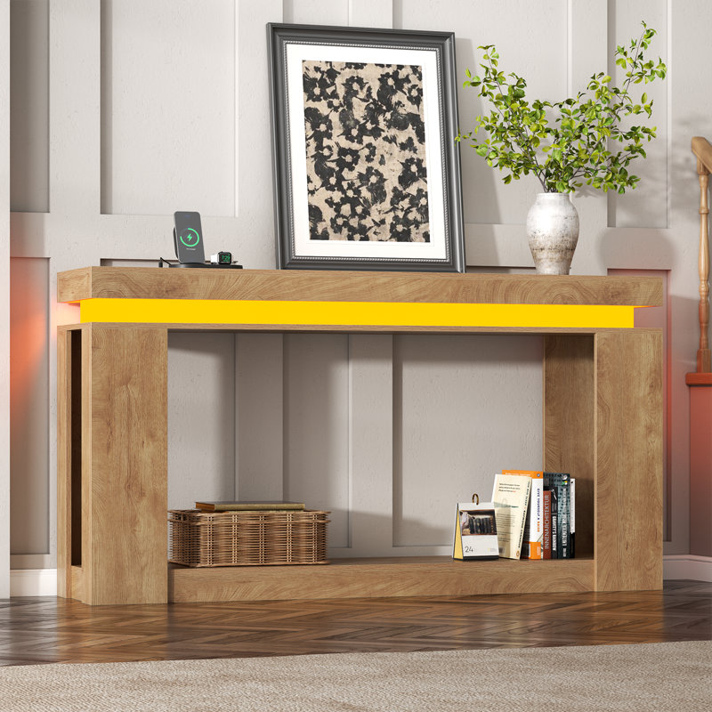 63" Long Console Table With Led Lights And Power Outlet, 2-Tier Farmhouse Sofa Table Behind Couch With Storage(Brown)