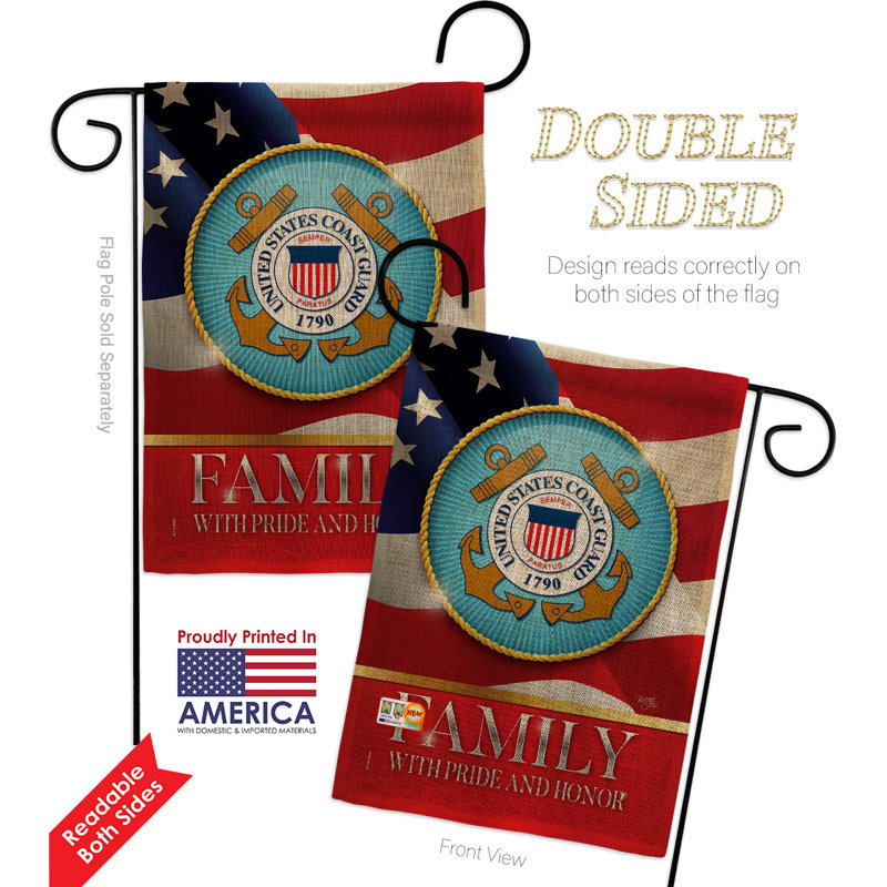 La famille marine honore 2 côtés 18,5 x 13 po drapeau de jardin, Garde côtière des États-Unis, Toile de jute
