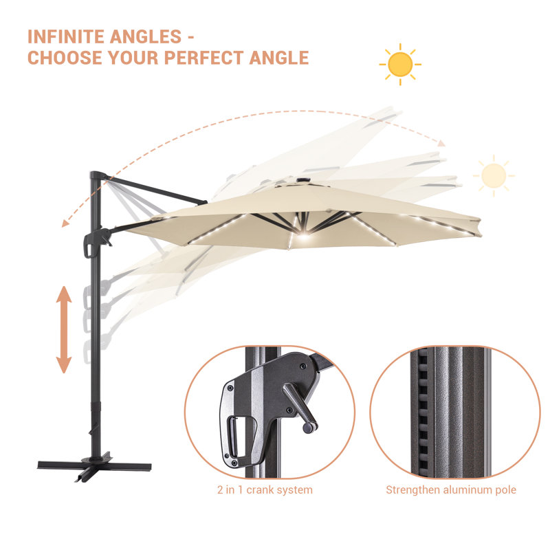 Parasol en porte-à-faux éclairé avec base à manivelle 132,3 po Shareny inclus, Sable