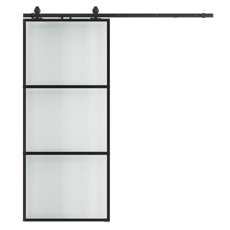 Black Aluminum and Frosted Glass Sliding Barn Door with Installation Kit