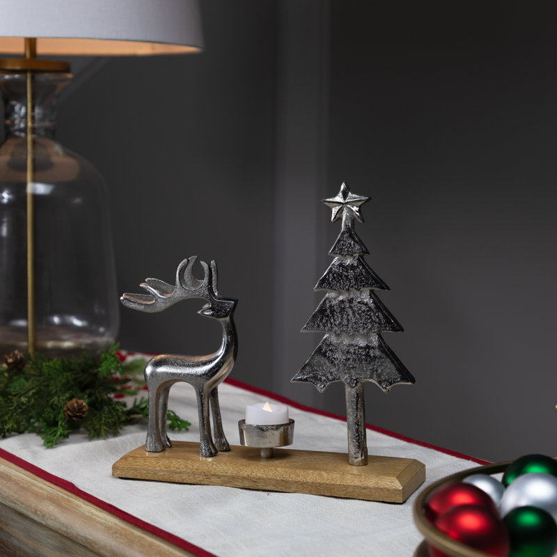 Reindeer And Tree Metal Christmas Tealight Holder - 10.5"