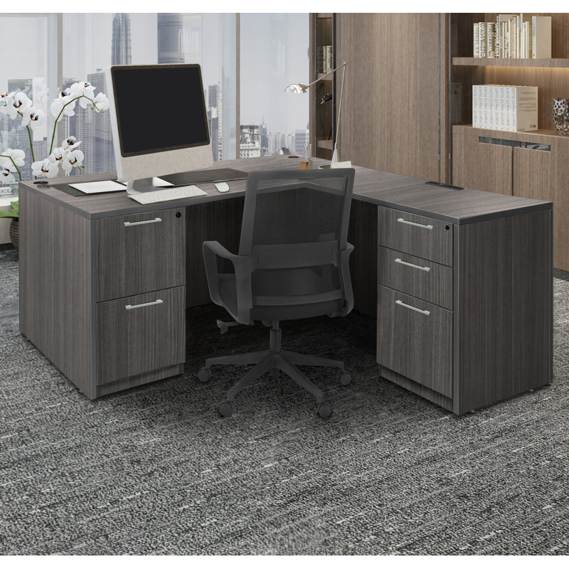 Regency Legacy L Desk with Double Full Pedestal Drawer Unit, Ash Gray, 29" H x 60" W x 65" D