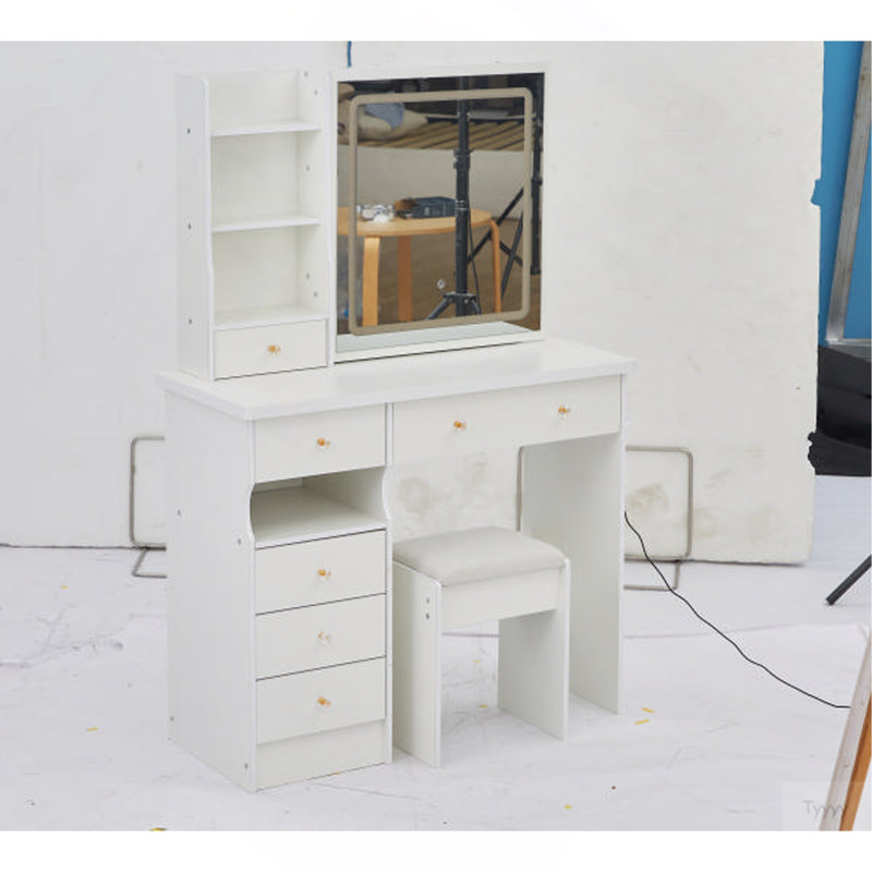 37" Left Drawer Desktop LED Vanity Table + Cushioned Stool, Large Sliding, Touch Control, 3-Color Switching Mirror, High Capacity Storage Fashionable Makeup Dressing Set, EPA, GCC, UL Certificate