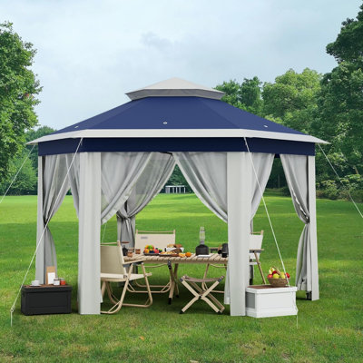 Pavillon de jardin 6,5 x 6,5 pi avec auvent imperméable à deux niveaux, structure en acier allié, rideaux d'intimité amovibles et moustiquaire, abri extérieur escamotable pour jardin de jardin, bleu