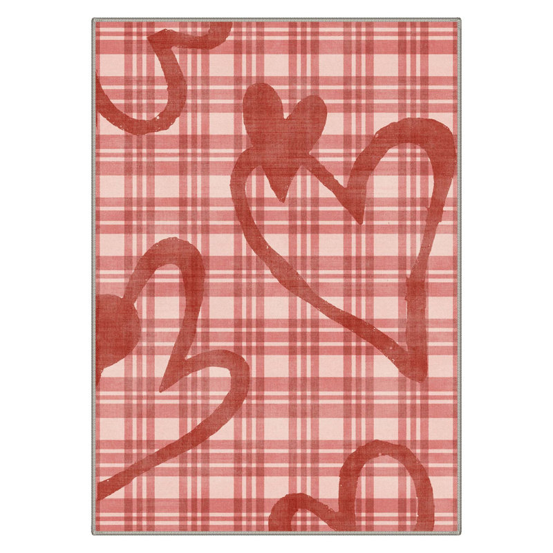 Preppyt Aesthetic Heart & Plaid  Machine Washable Red Indoor Area Rug with Non-Slip Backing, Rectangle 6' x 9'