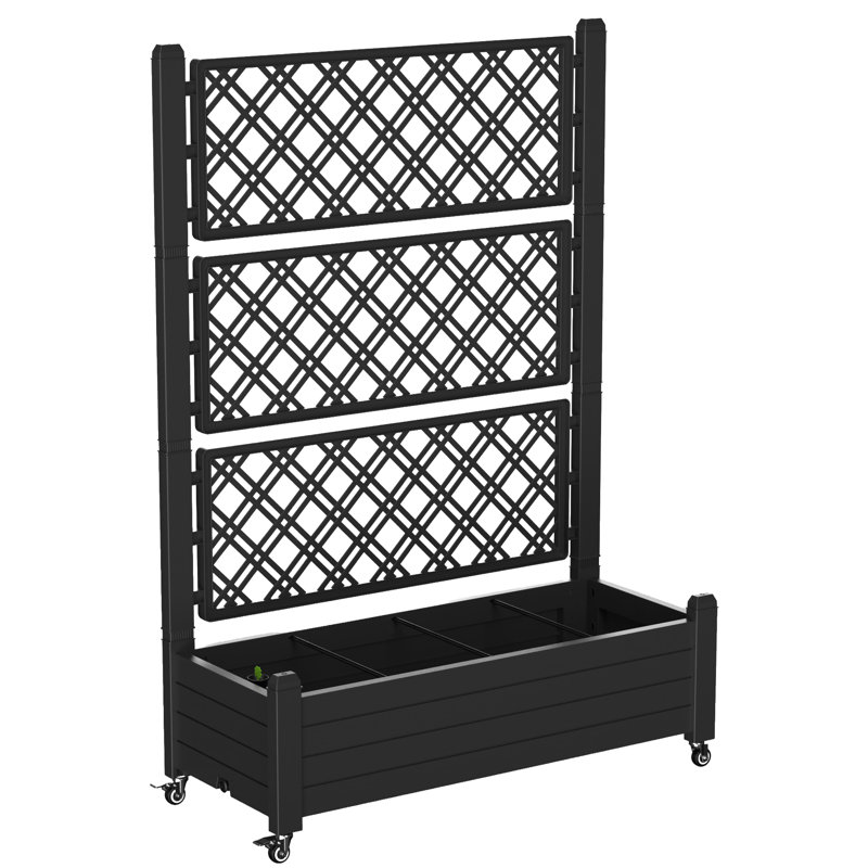 Boîte à fleurs d'extérieur avec treillis et roues, Noir
