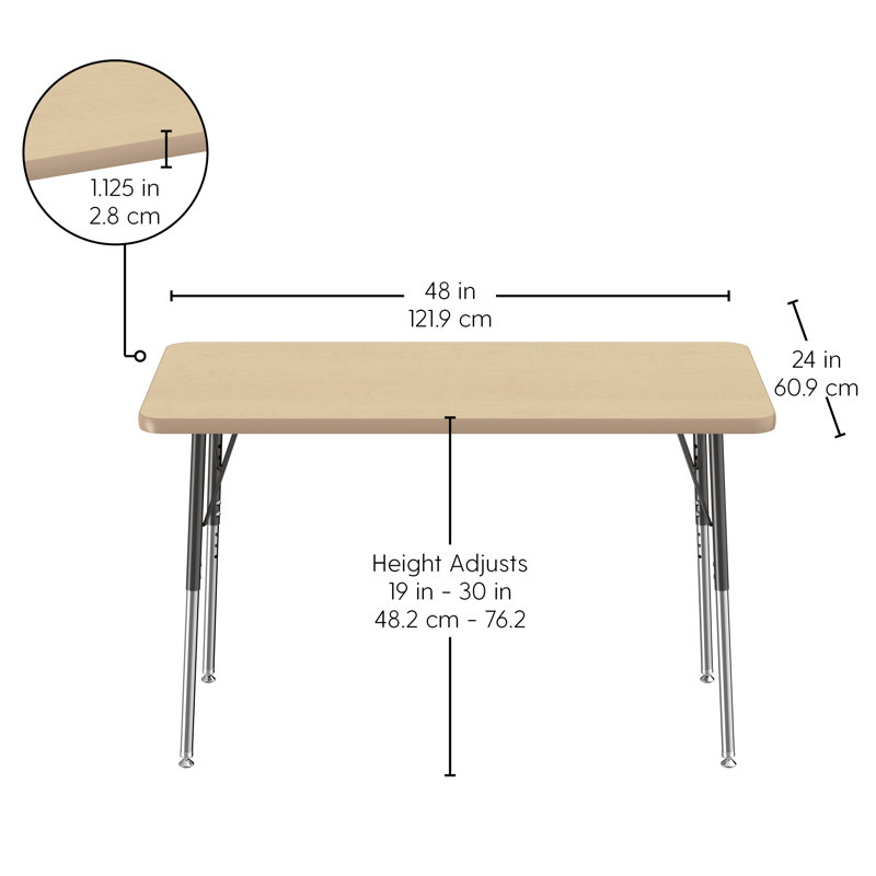Table rectangulaire d'activité rectangulaire avec pieds réglables, Roulement pivotant standard, 24 po x 48 po, Maple
