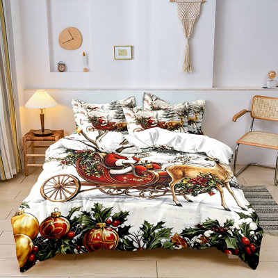Literie de Noël en microfibre Orylavena avec motif traîneau du Père Noël et rennes, comprenant 2 taies d'oreiller (garniture non incluse).