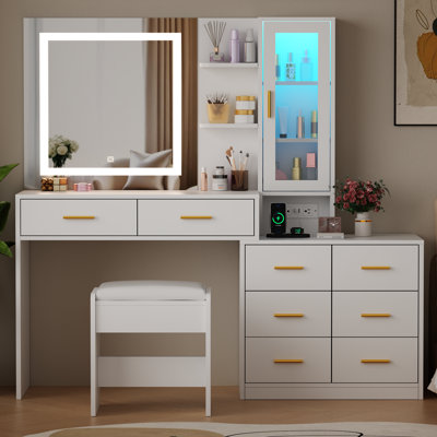 Adriel 51.8" Makeup Vanity With Lights And Mirror & Rgb Cabinets by Wrought Studio