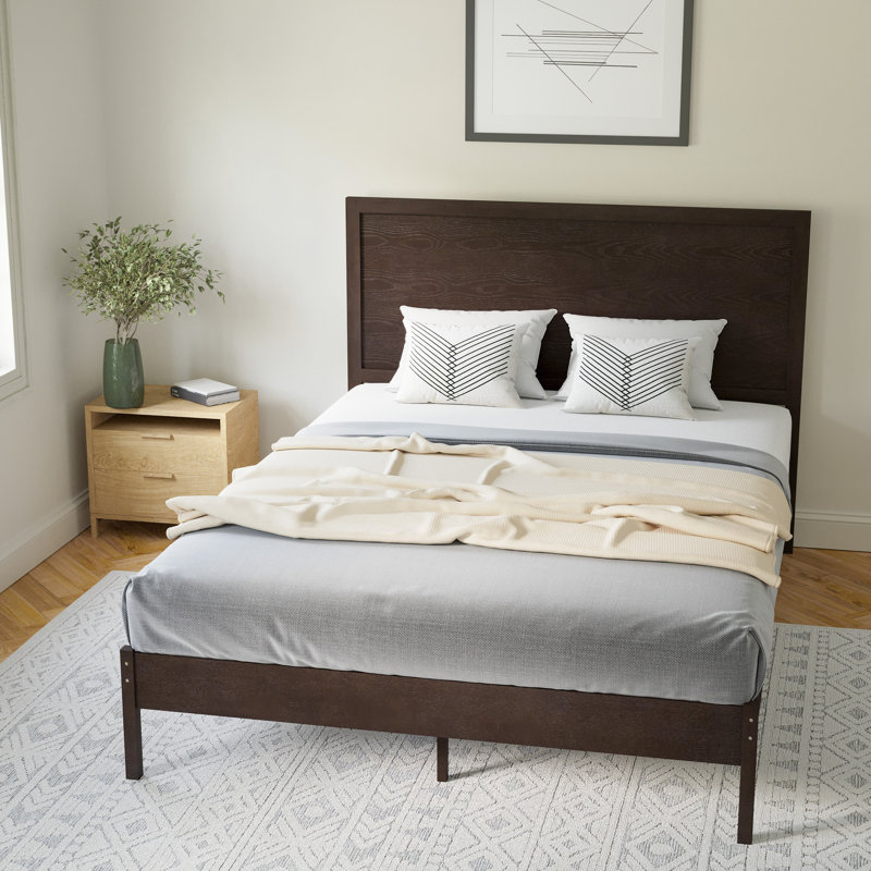 Eymen Modern Solid Wood Platform Bed with Wooden Slats and Headboard, Queen, Dark Brown