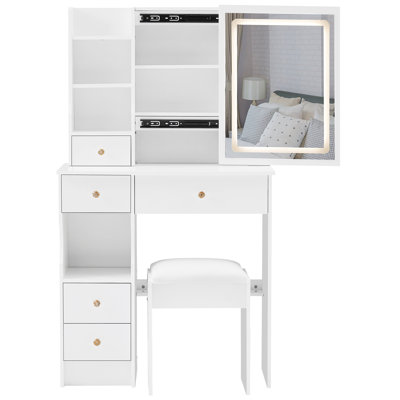 Petit meuble-lavabo de 29,2 po avec tabouret de bureau et tabouret rembourré à gauche 29,5 po, grande commande tactile, interrupteur tricolore, miroir à luminosité réglable, rangement à grande capacité, convient aux petits espaces