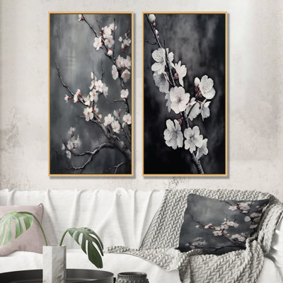 Fleurs de cerisier blanches sur 20 nuances de gris - ensemble de 2 reproductions d'art sur toile cerise