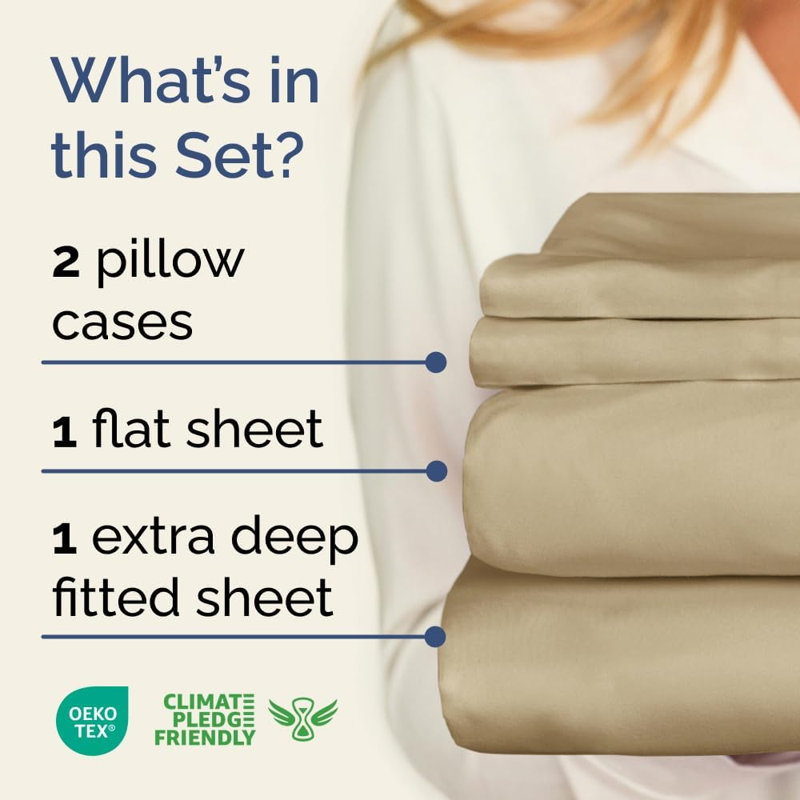Extra Deep Pocket Sheet Set, Cooling & Breathable Bed Sheets, Soft Hotel Luxury Bedding, Fits 18–24 Inch Mattress, Beige