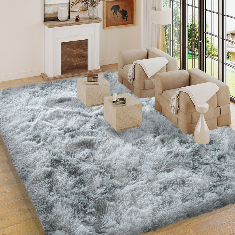 6x9 ft Tie-dyed Sliver Grey Shag Rug, Ideal for living room decor, Ultra-Soft Puffy Fluffy Rug for Bedroom Flooring, Aesthetic Carpets Suitable for Kids' Rooms, Dorms, and Home Decor