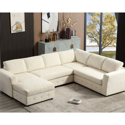 112.01" Modular With Considerable Storage Space, Chenille Upholstery, Crystal Button Trim, Beige For Stylish Living Oversized Modern Sectional Storage, 112.01", Chenille, Buttons, Home Decor
