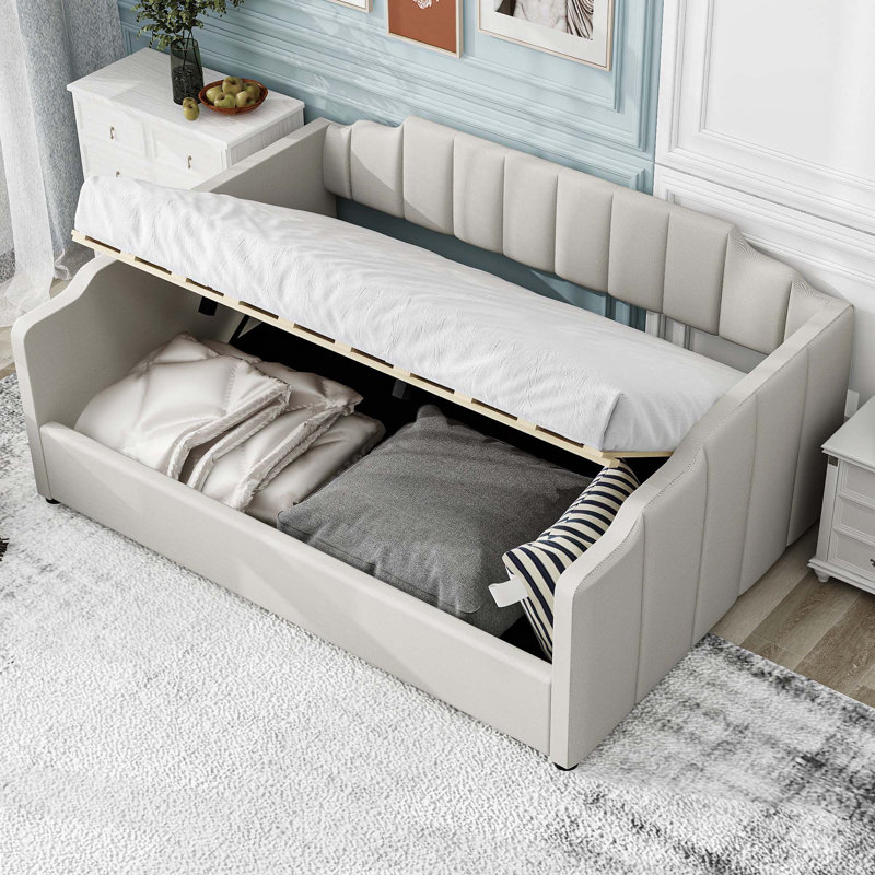 Lit de jour rembourré avec rangement inférieur, Beige, Full/Double