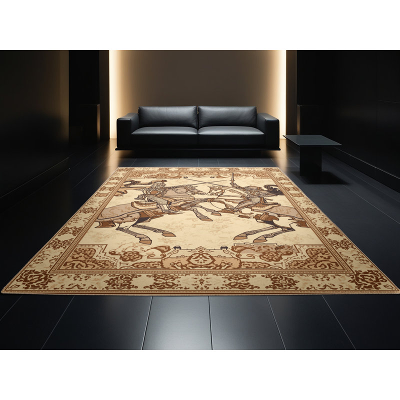 Machine Washable Takengon Medieval Knight Joust Ornate Traditional Oriental Rug in Brown – Beige Binding, 5x8