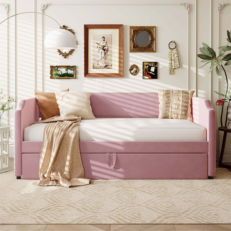 Twin Size Velvet Upholstered Daybed With Pop-Up Trundle, Perfect For Flexible And Cozy Sleeping Solutions In Small Spaces
