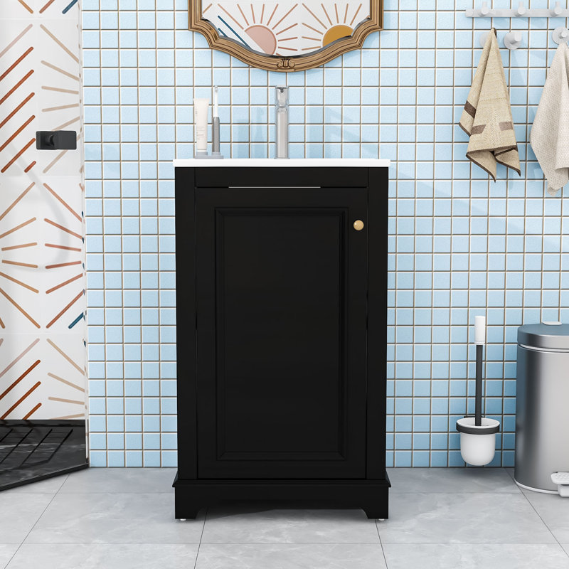 Meuble-lavabo de salle de bain avec lavabo en céramique, tablette réglable et armoire à fermeture en douceur, Noir