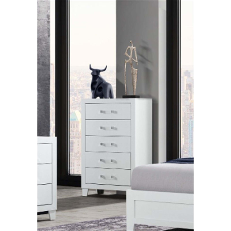 Commode élégante à 5 tiroirs avec quincaillerie en acrylique moderne, parfaite pour un rangement organisé et élégant dans n'importe quelle pièce.