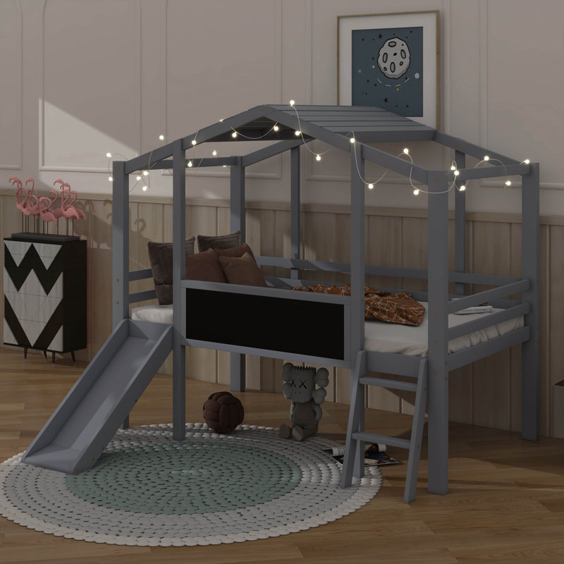 Endearing Twin Loft Bed With A Ladder, A Slide, And A Lovely House Design, Grey