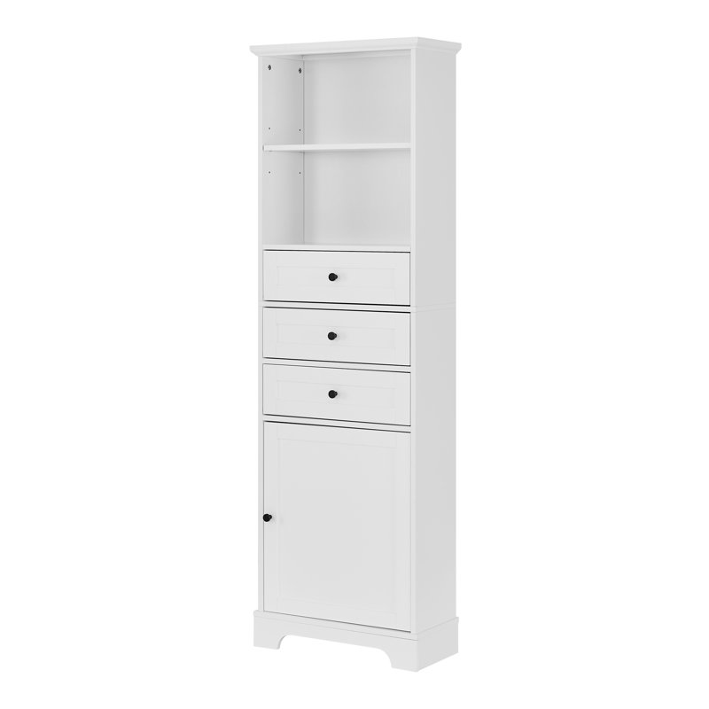 White Tall Bathroom Storage Cabinet with Adjustable Shelves and Drawers