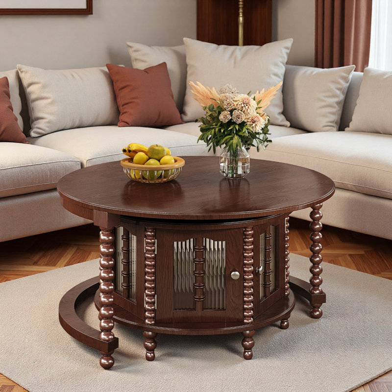 Table basse ronde emboîtable avec portes décoratives en verre en forme de bambou, pieds rétro perlés et espace de rangement