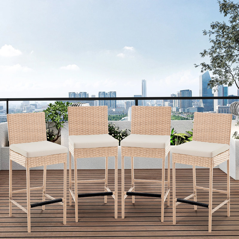Susu Polyethylene (PE) Wicker Outdoor 30'' Bar Stool with Cushion, Yellow, Beige