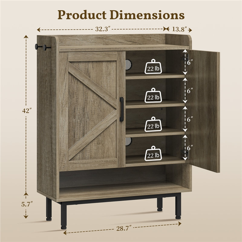 5-Tier Shoe Cabinet with Barn-Inspired Doors, Gray