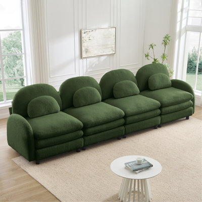 Teddy Fabric Soft Cloud-Like 4-Seat Sofa,Curved Backrest And Armrest With Curved Lumbar Pillows, Modular 4 Seater Couch With Supportive Double-Layer Cushion